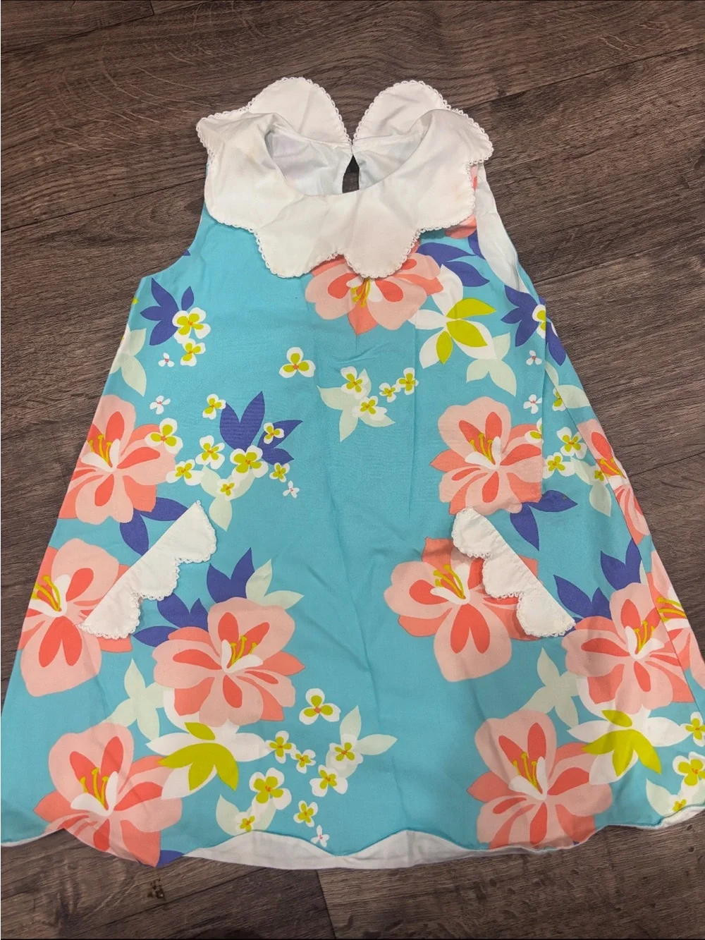Girls Floral Sundress with White Scalloped Collar - Aqua & Coral
